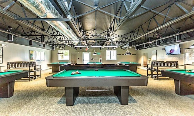 rec room with carpet and pool table