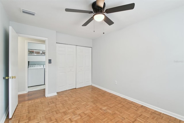 unfurnished bedroom with ceiling fan and light parquet floors