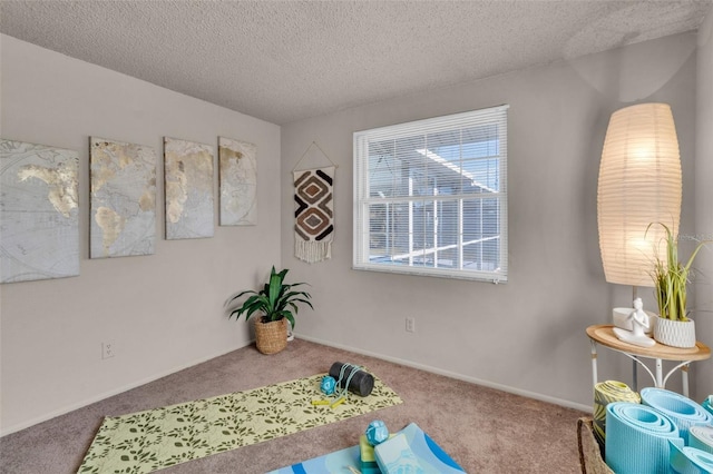 exercise area with carpet and a textured ceiling