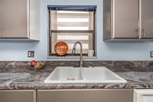 room details with sink, dark stone counters, and gray cabinetry