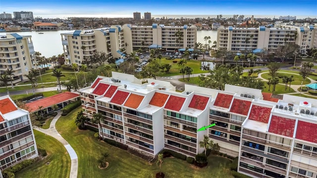 drone / aerial view with a water view