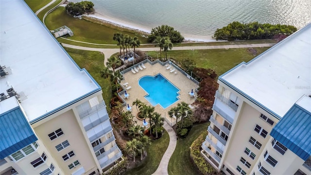 drone / aerial view with a water view