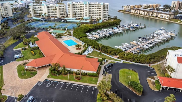 aerial view featuring a water view