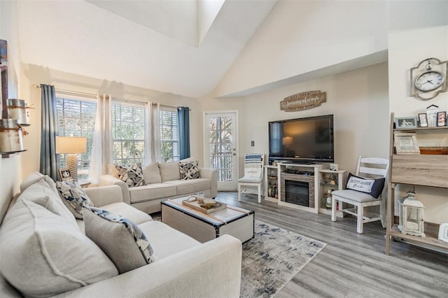 living room featuring high vaulted ceiling and hardwood / wood-style flooring