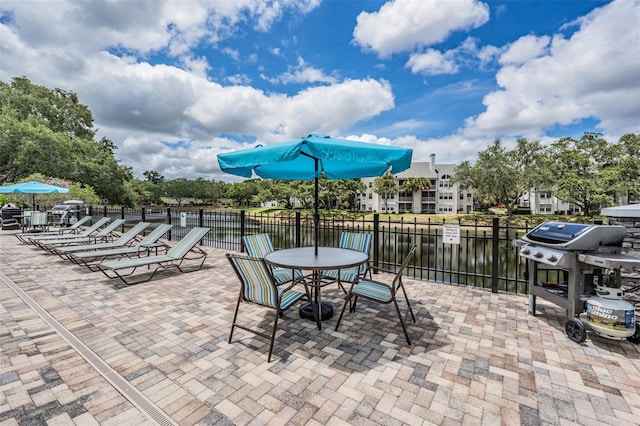 view of patio featuring a water view