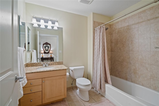 full bathroom with toilet, vanity, shower / bathtub combination with curtain, and tile patterned flooring