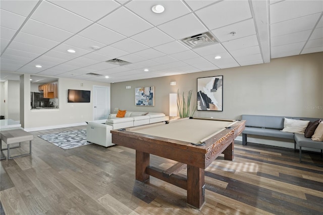 recreation room featuring wood-type flooring, billiards, and a drop ceiling