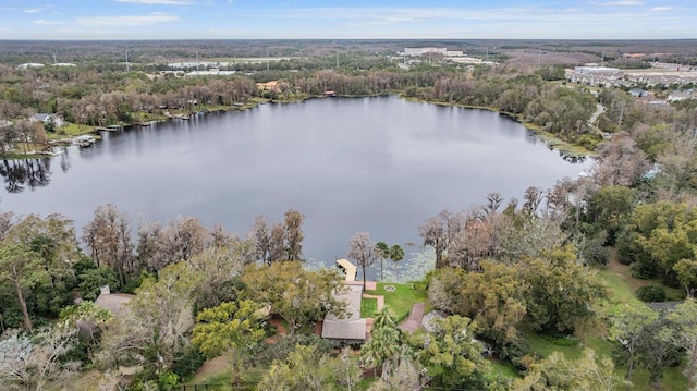 drone / aerial view with a water view