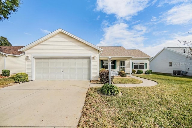 single story home featuring central AC, a front lawn, a porch, and a garage