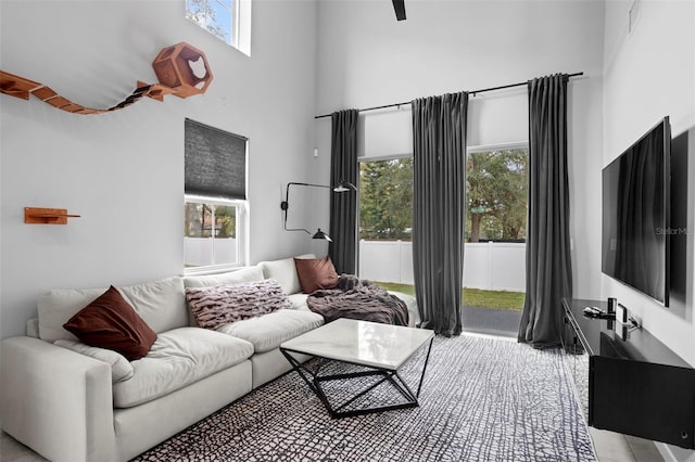 living room with a towering ceiling