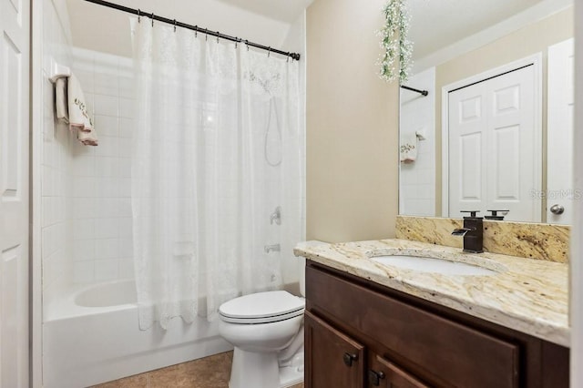 full bathroom with toilet, vanity, tile patterned floors, and shower / bathtub combination with curtain