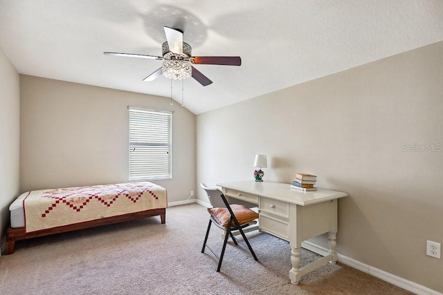 bedroom featuring light carpet, ceiling fan, and lofted ceiling