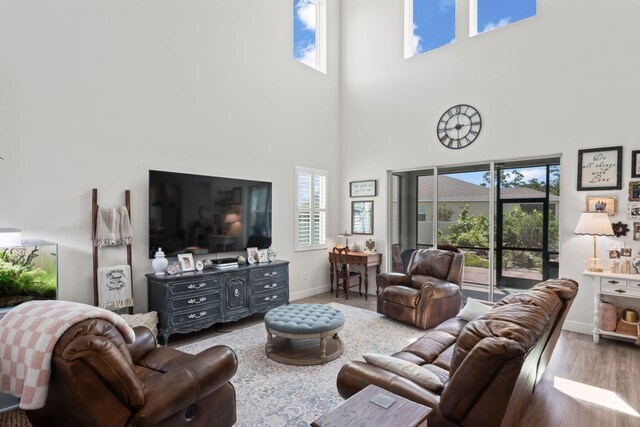 living room featuring a high ceiling and hardwood / wood-style floors