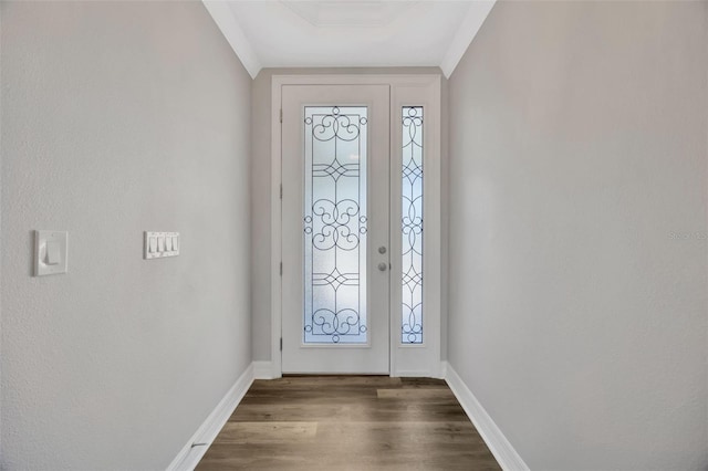 foyer entrance with plenty of natural light, crown molding, and wood-type flooring