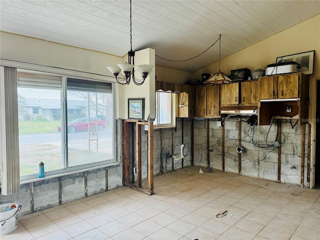 interior space featuring lofted ceiling, a chandelier, pendant lighting, and kitchen peninsula