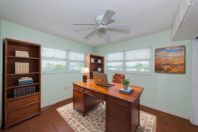 tiled office with ceiling fan