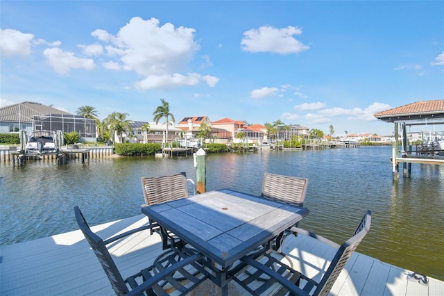 view of dock with a residential view and a water view