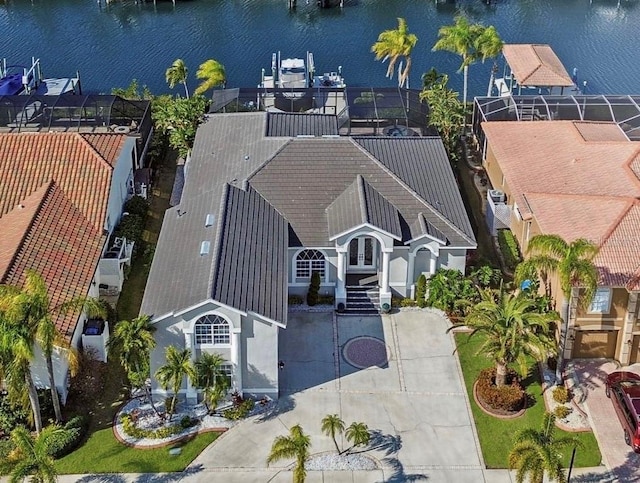 aerial view featuring a water view