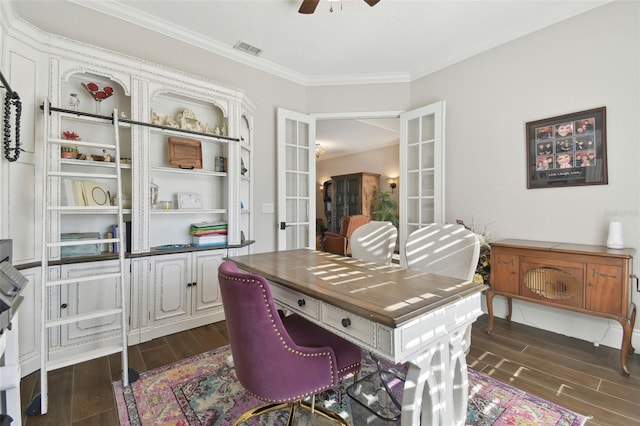 office area with visible vents, wood tiled floor, ceiling fan, french doors, and crown molding