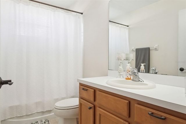 full bathroom with toilet, vanity, tile patterned flooring, and shower / bathtub combination with curtain