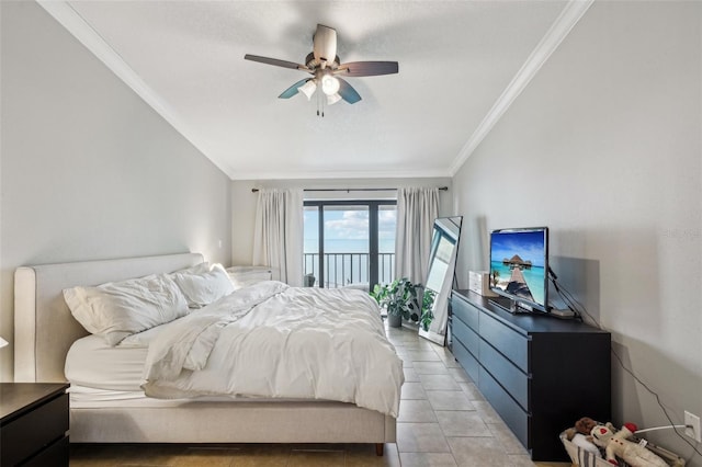 bedroom with ceiling fan, crown molding, and access to outside