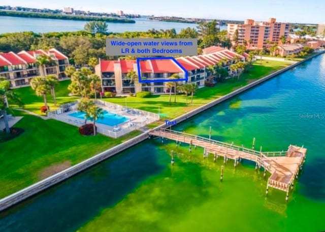 drone / aerial view featuring a water view