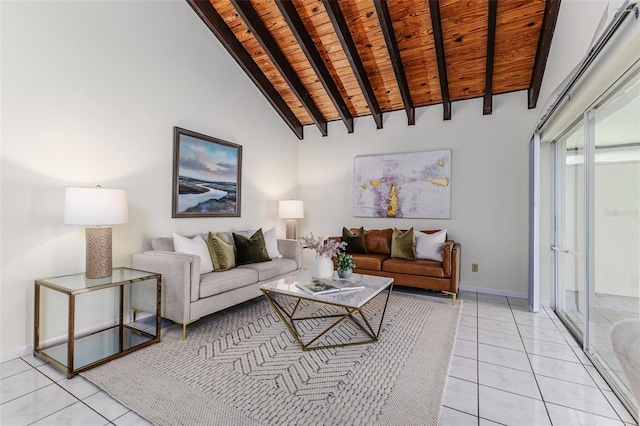 tiled living room featuring beamed ceiling, high vaulted ceiling, and wood ceiling