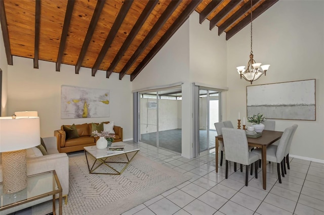 tiled living room featuring beam ceiling, brick ceiling, an inviting chandelier, and high vaulted ceiling