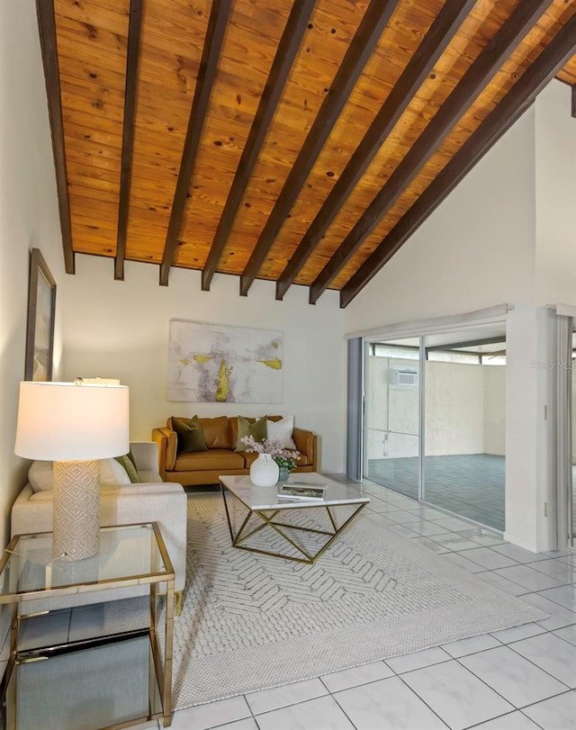 unfurnished living room with beam ceiling, light tile patterned floors, high vaulted ceiling, and wooden ceiling