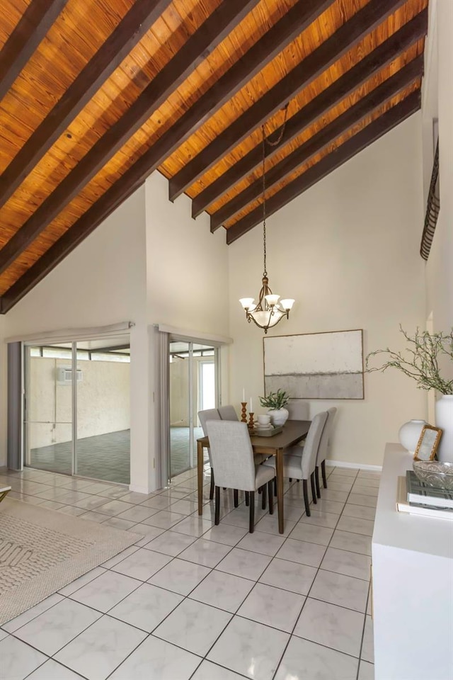 dining space with wooden ceiling, light tile patterned floors, beamed ceiling, and an inviting chandelier