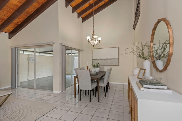 dining room with high vaulted ceiling, light tile patterned floors, beamed ceiling, and an inviting chandelier