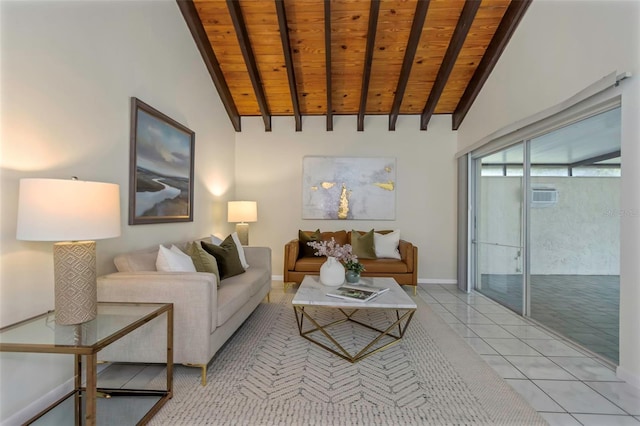 tiled living room with wooden ceiling and lofted ceiling with beams