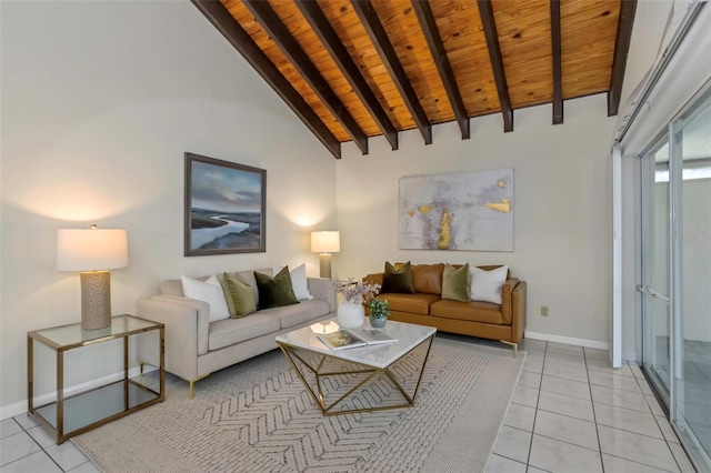 tiled living room featuring wood ceiling, high vaulted ceiling, and beamed ceiling