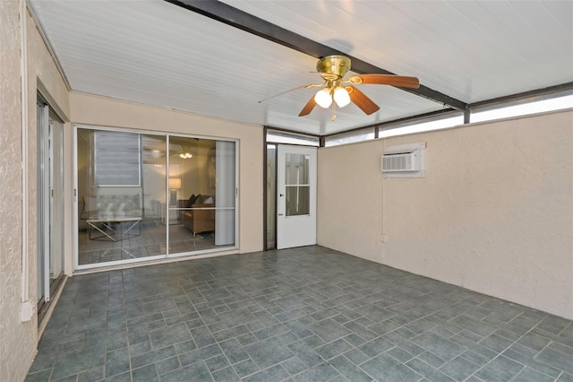 exterior space with ceiling fan and an AC wall unit