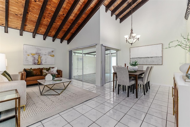 tiled living room with high vaulted ceiling, brick ceiling, beam ceiling, and a chandelier