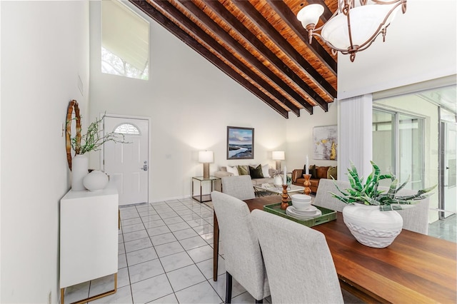 dining space featuring wood ceiling, a chandelier, high vaulted ceiling, light tile patterned floors, and beam ceiling