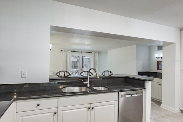 kitchen featuring sink, white cabinetry, dishwasher, dark stone countertops, and kitchen peninsula