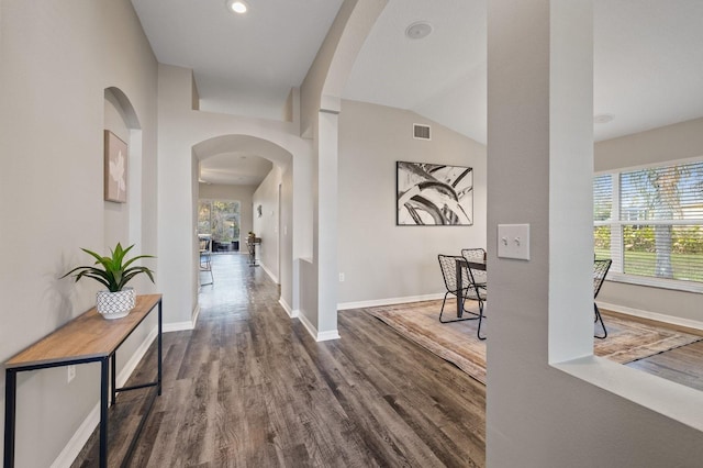 hall with lofted ceiling, wood-type flooring, and plenty of natural light