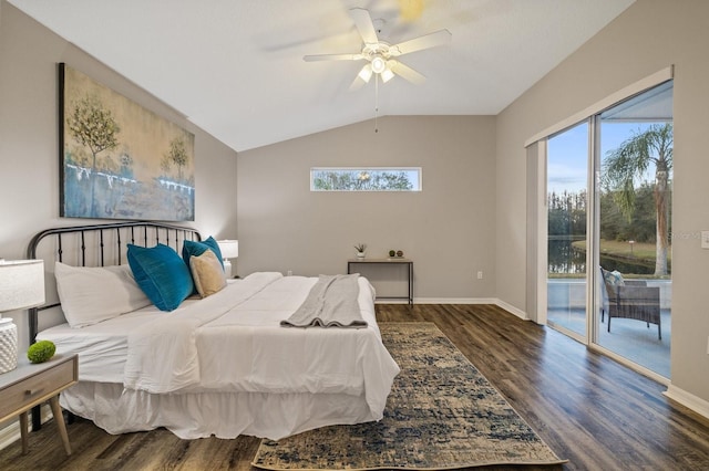 bedroom featuring ceiling fan, dark hardwood / wood-style flooring, access to outside, and multiple windows