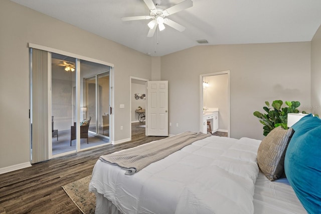 bedroom with a closet, connected bathroom, lofted ceiling, dark hardwood / wood-style flooring, and ceiling fan