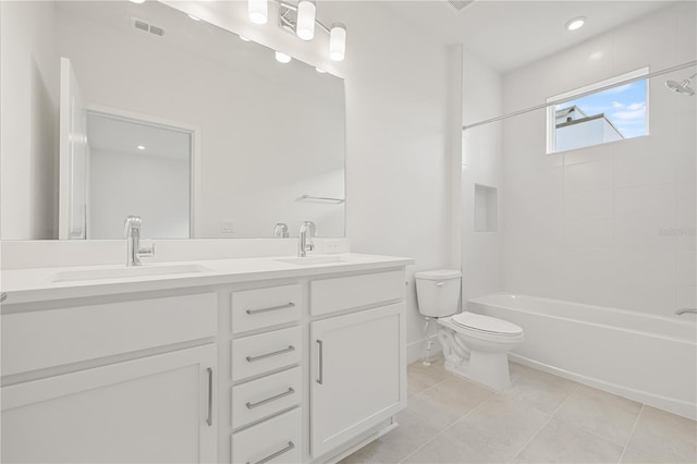 full bathroom with shower / bathtub combination, tile patterned flooring, vanity, and toilet