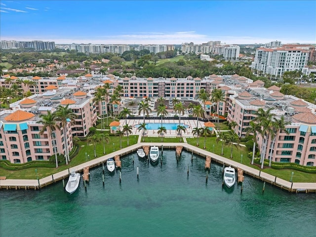 bird's eye view with a water view