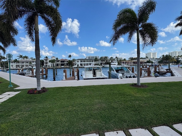 dock area with a water view and a yard