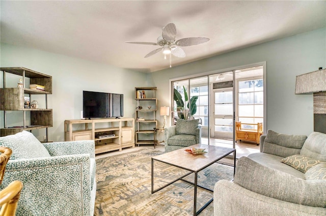 living room featuring ceiling fan