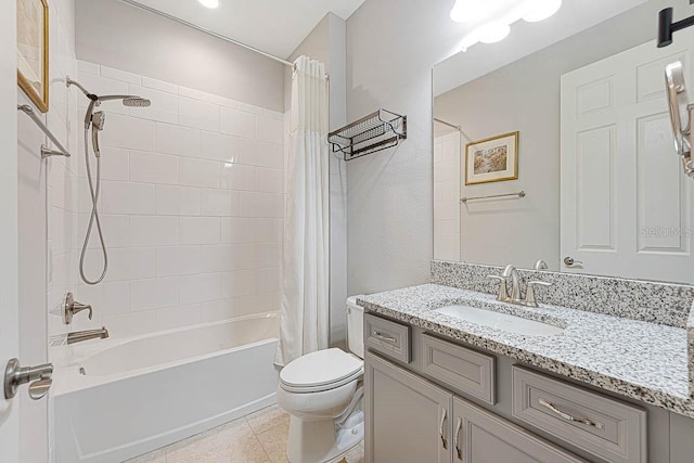 full bathroom with toilet, shower / tub combo with curtain, and vanity