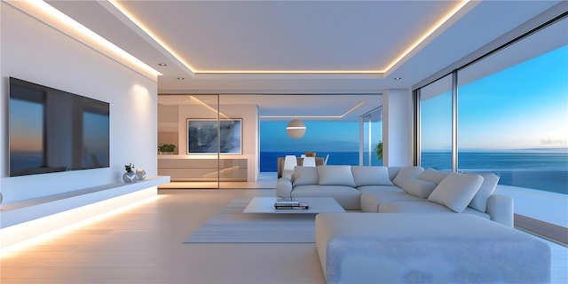 living room featuring a raised ceiling and a water view