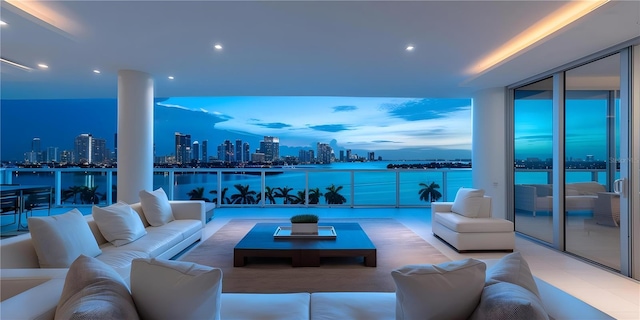 interior space with a water view