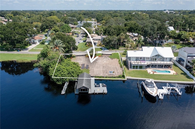 bird's eye view with a water view