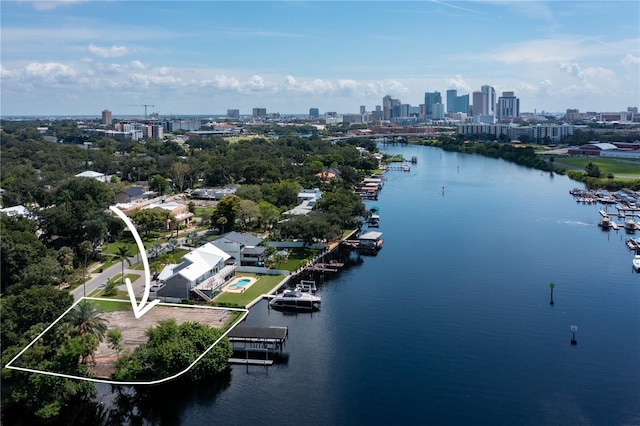 bird's eye view with a water view