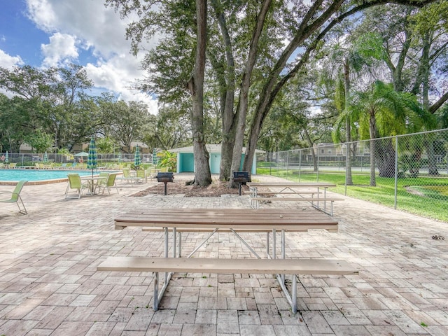 exterior space featuring a swimming pool and a patio